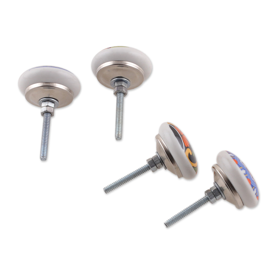 9 Ceramic Knobs with Hand-Painted Floral and Leaf Motifs - Harmonious Beauty