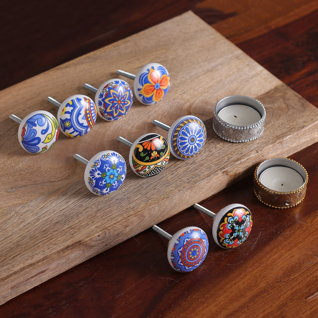 9 Ceramic Knobs with Hand-Painted Floral and Leaf Motifs - Harmonious Beauty