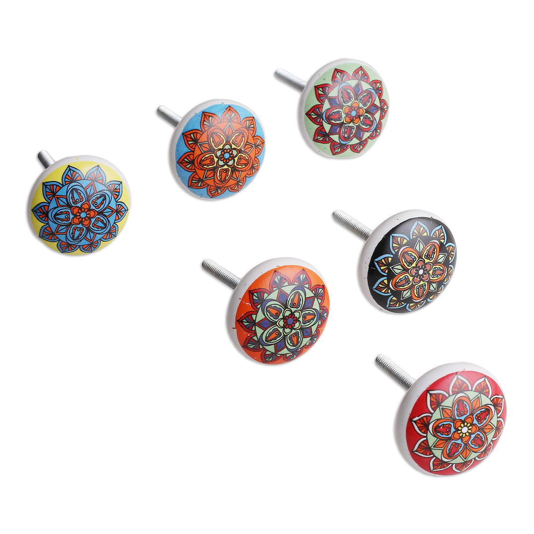 Set of 6 Hand-Painted Floral Mandala-Style Ceramic Knobs - Floral Dreams