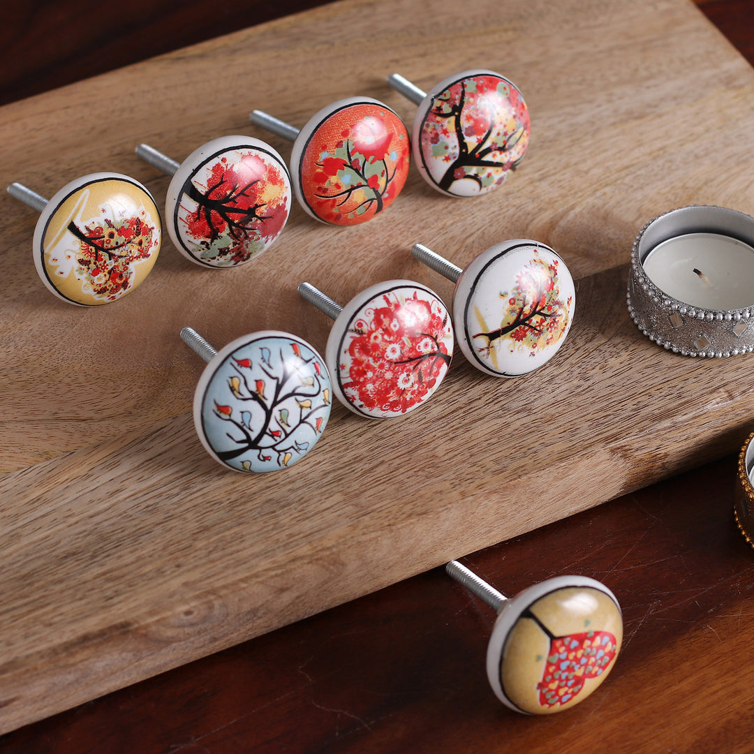 Set of 8 Nature-Inspired Hand-Painted Ceramic Knobs - Crimson Aura