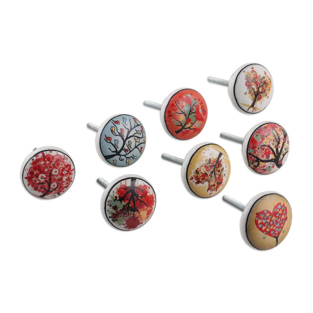 Set of 8 Nature-Inspired Hand-Painted Ceramic Knobs - Crimson Aura