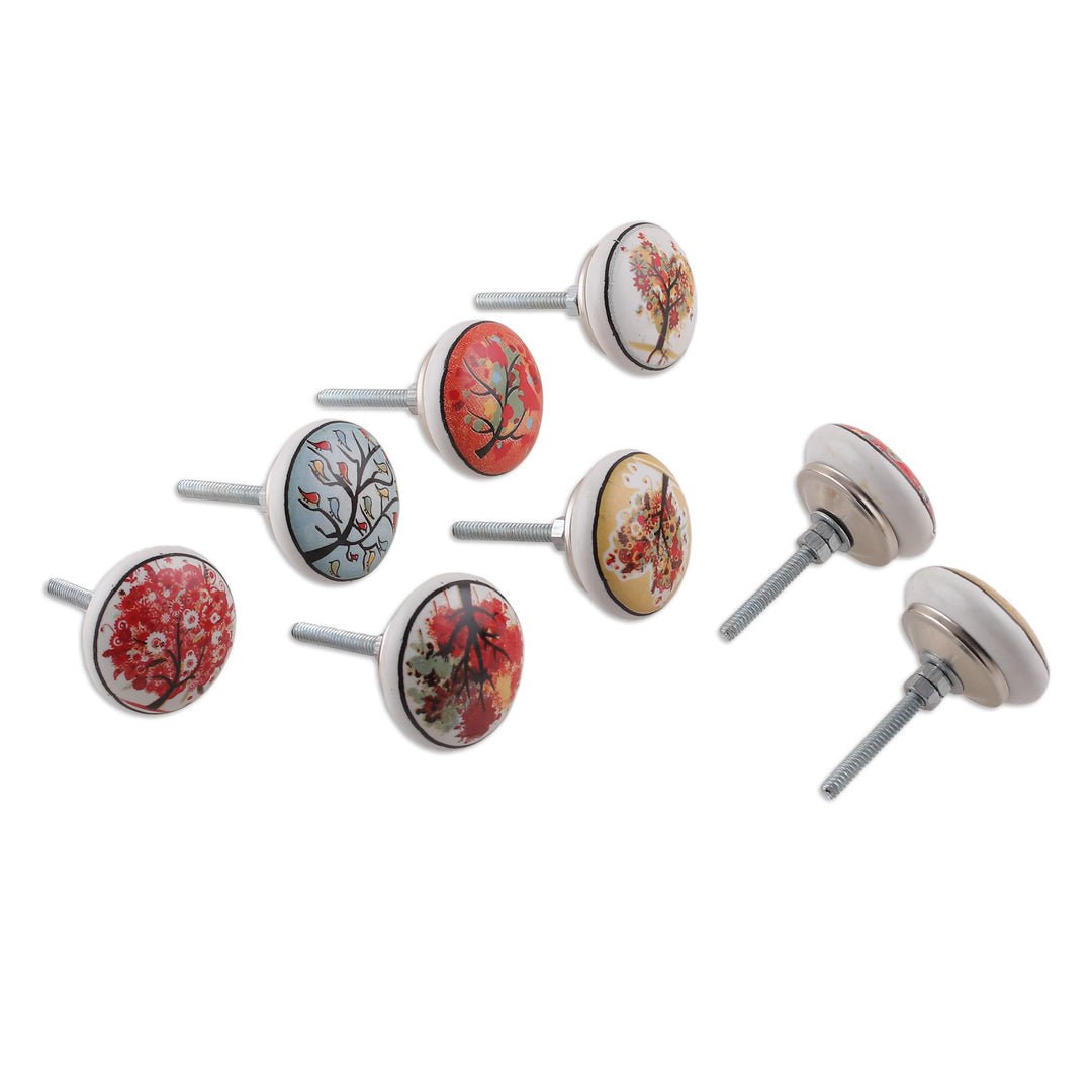 Set of 8 Nature-Inspired Hand-Painted Ceramic Knobs - Crimson Aura