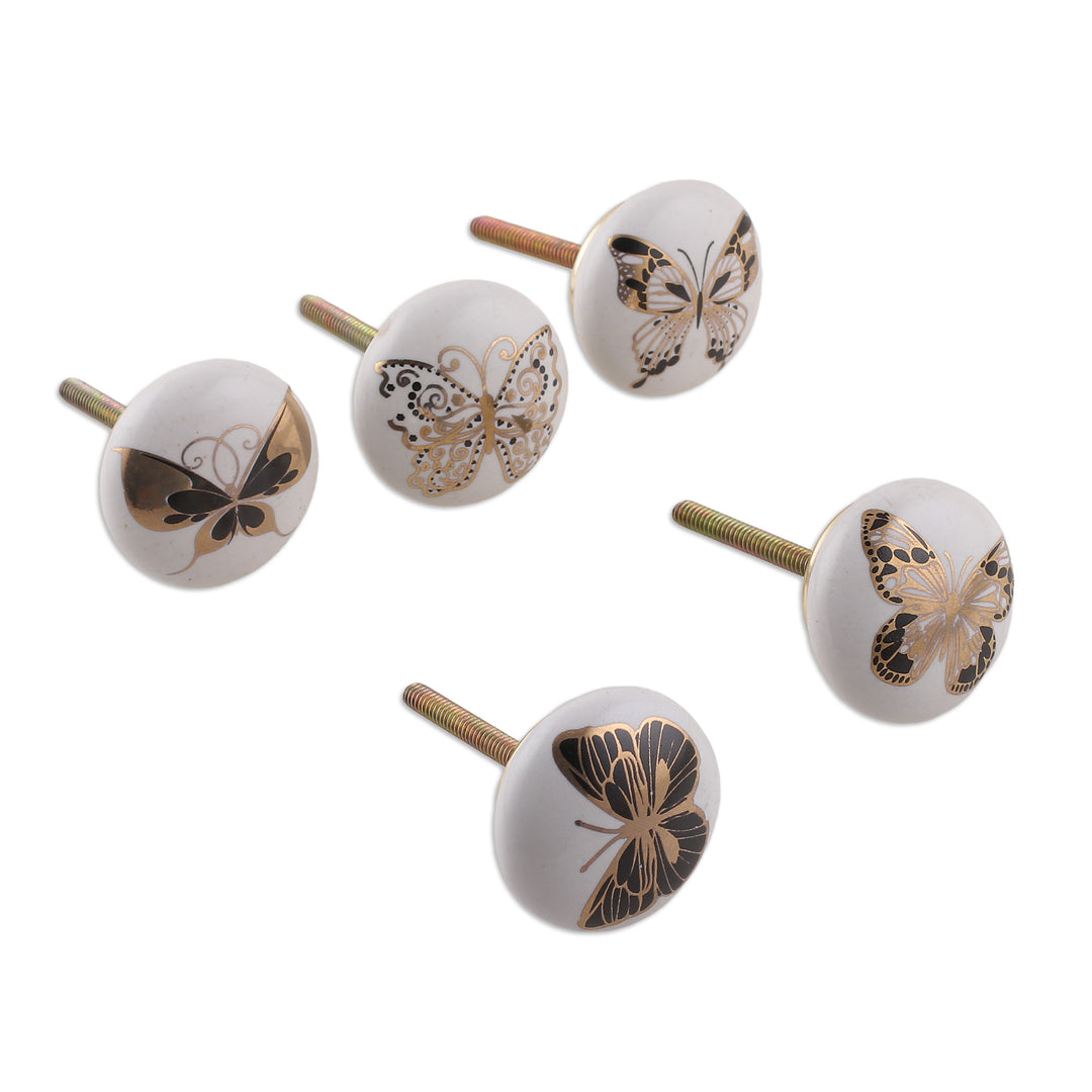 Set of 5 Hand-Painted Ceramic Knobs with Butterfly Motifs - Butterfly Magic
