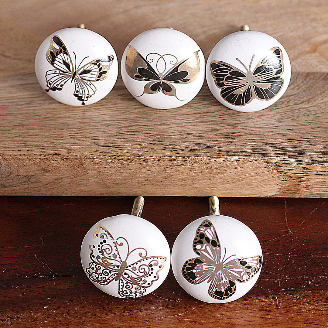 Set of 5 Hand-Painted Ceramic Knobs with Butterfly Motifs - Butterfly Magic