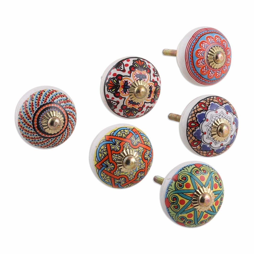 6 Hand-Painted Ceramic Knobs with Moroccan-Style Accents - Moroccan Delight