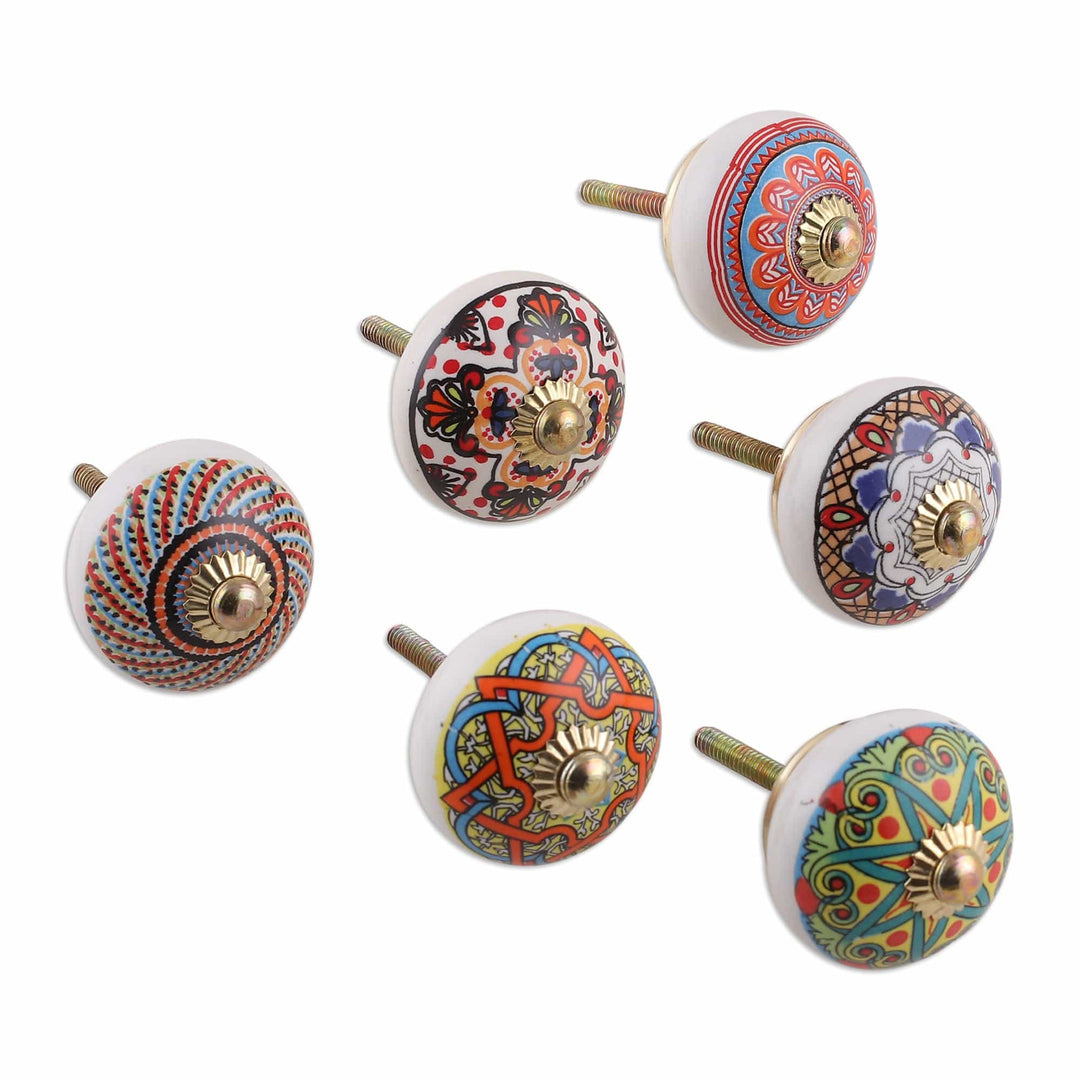 6 Hand-Painted Ceramic Knobs with Moroccan-Style Accents - Moroccan Delight