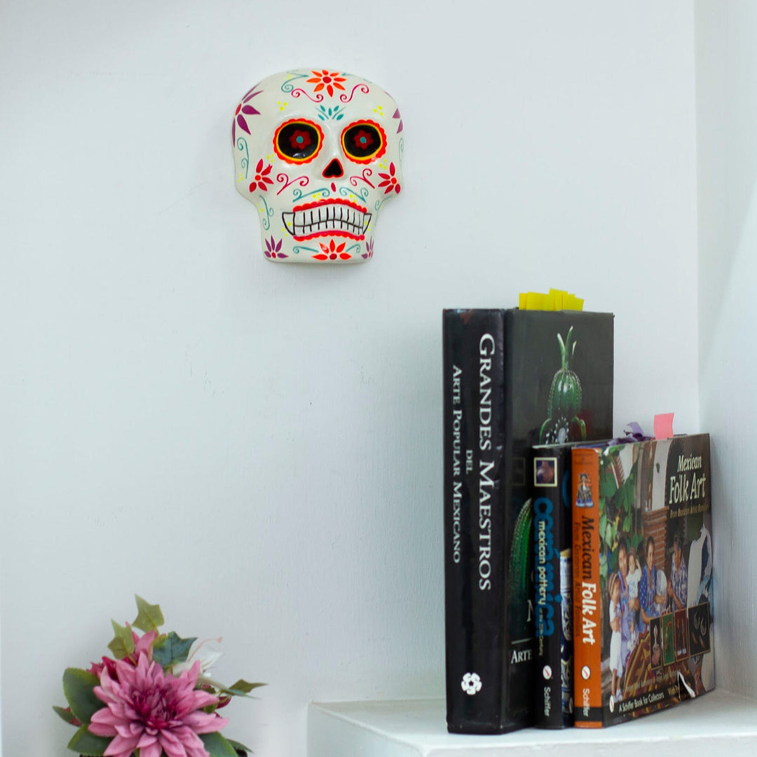 Hand-Painted Floral Day of the Dead Skull Ceramic Wall Art - Face of the Underworld