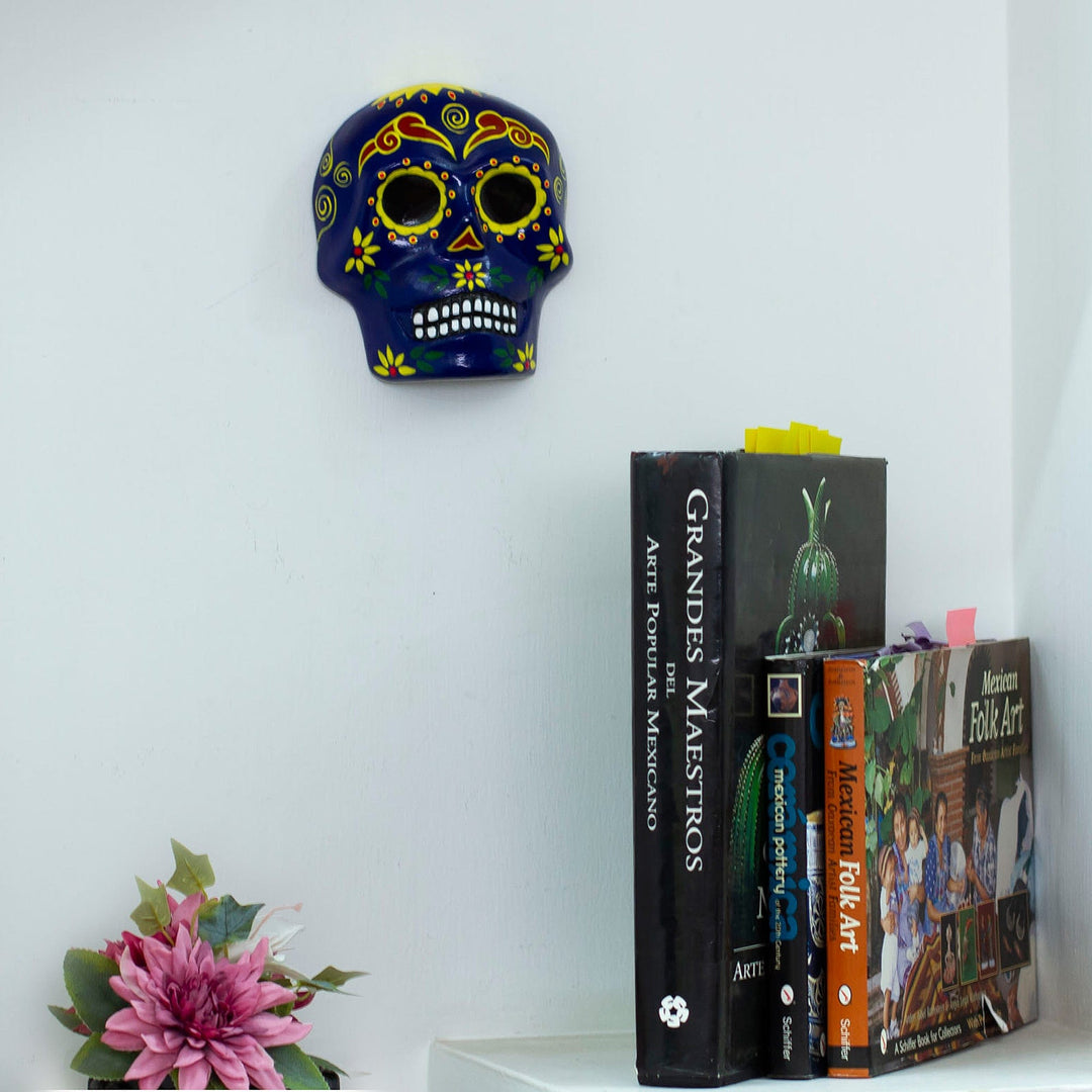Painted Floral Blue Day of the Dead Skull Ceramic Wall Art - Face of the Vibrant Underworld