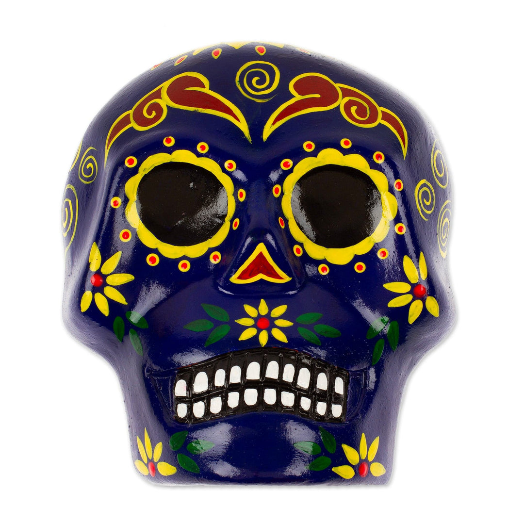 Painted Floral Blue Day of the Dead Skull Ceramic Wall Art - Face of the Vibrant Underworld