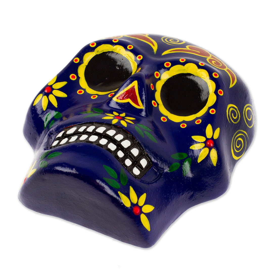 Painted Floral Blue Day of the Dead Skull Ceramic Wall Art - Face of the Vibrant Underworld