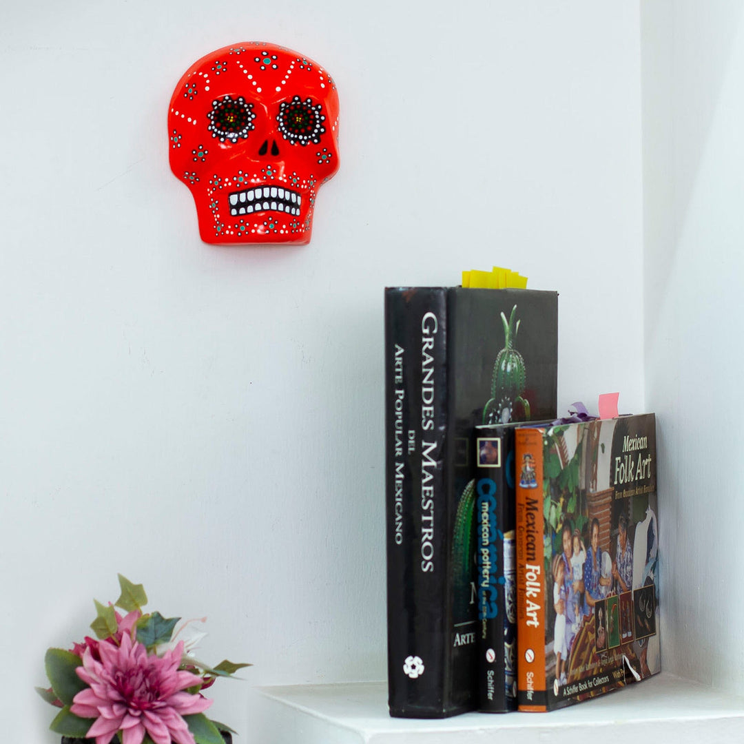 Painted Floral Orange Day of the Dead Skull Ceramic Wall Art - Face of the Flaming Underworld