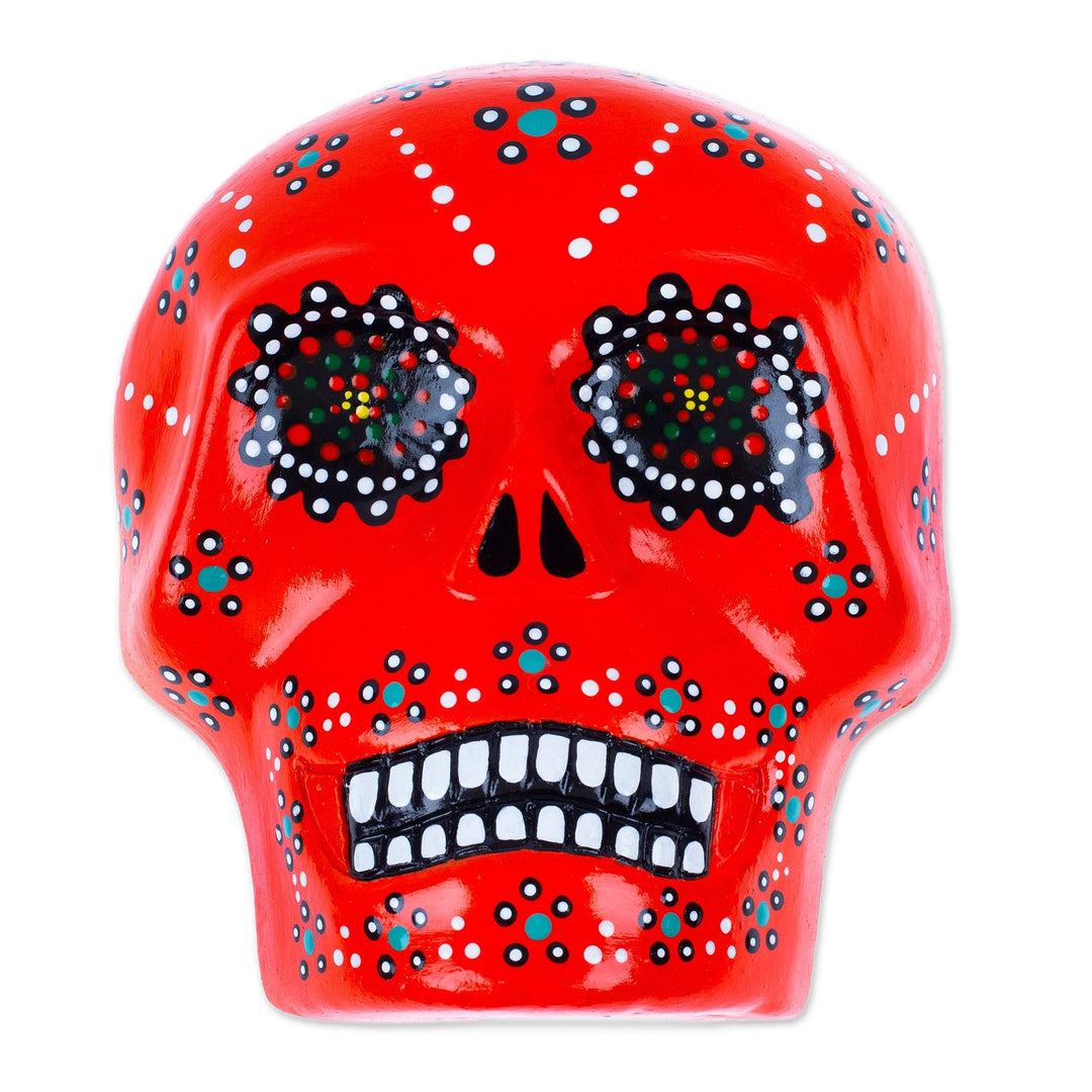 Painted Floral Orange Day of the Dead Skull Ceramic Wall Art - Face of the Flaming Underworld