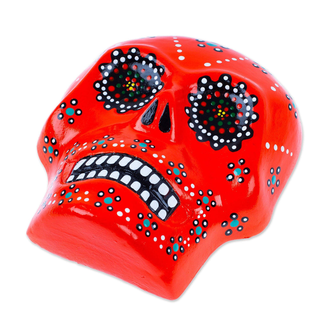 Painted Floral Orange Day of the Dead Skull Ceramic Wall Art - Face of the Flaming Underworld
