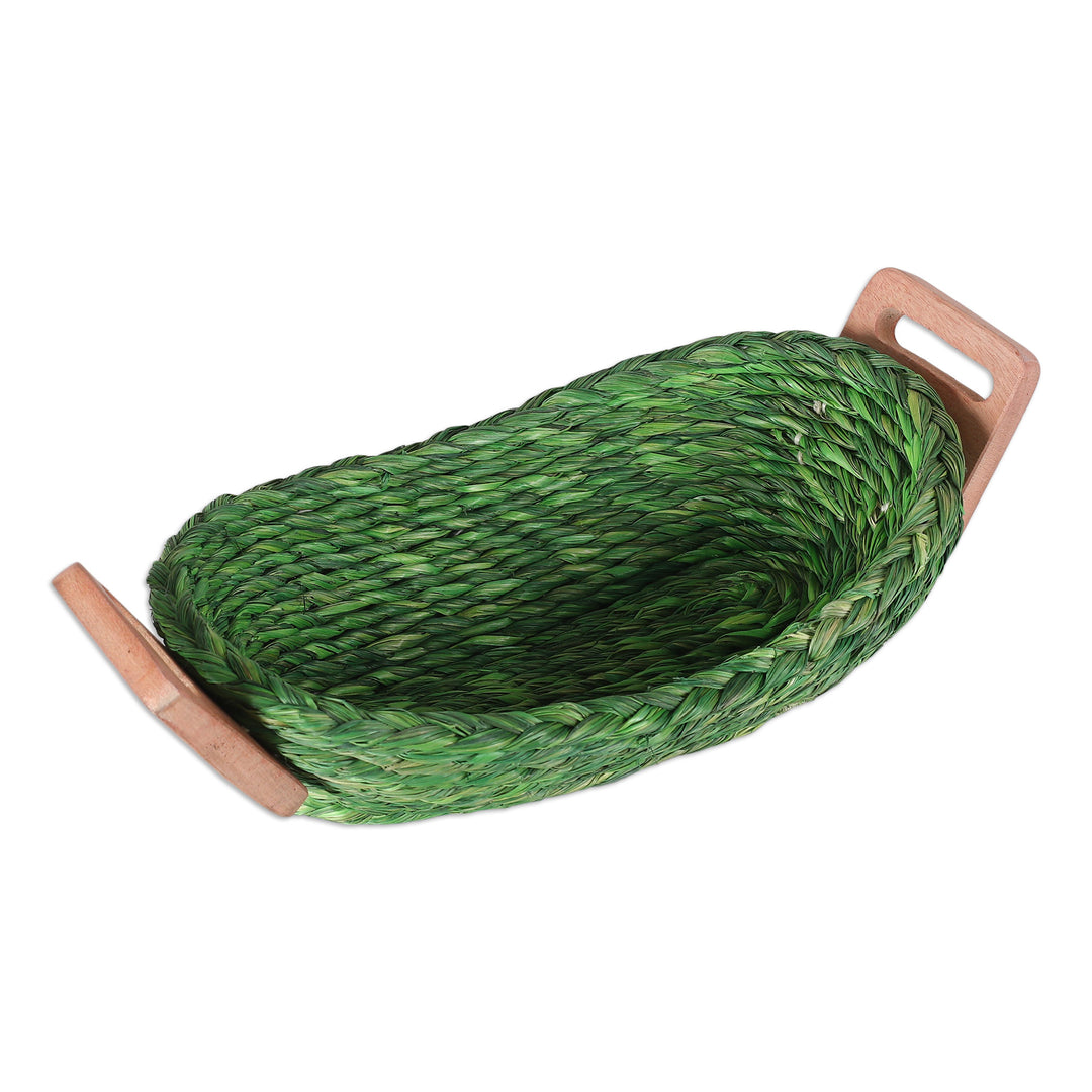 Handwoven Green Sabai Grass Fiber Basket with Wood Handles - Harmonious Essentials