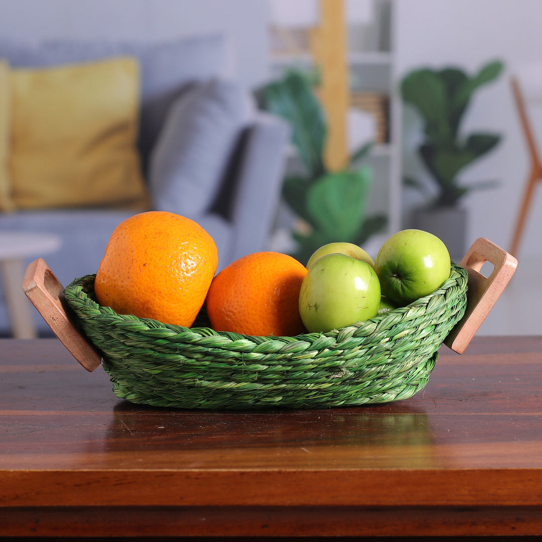 Handwoven Green Sabai Grass Fiber Basket with Wood Handles - Harmonious Essentials