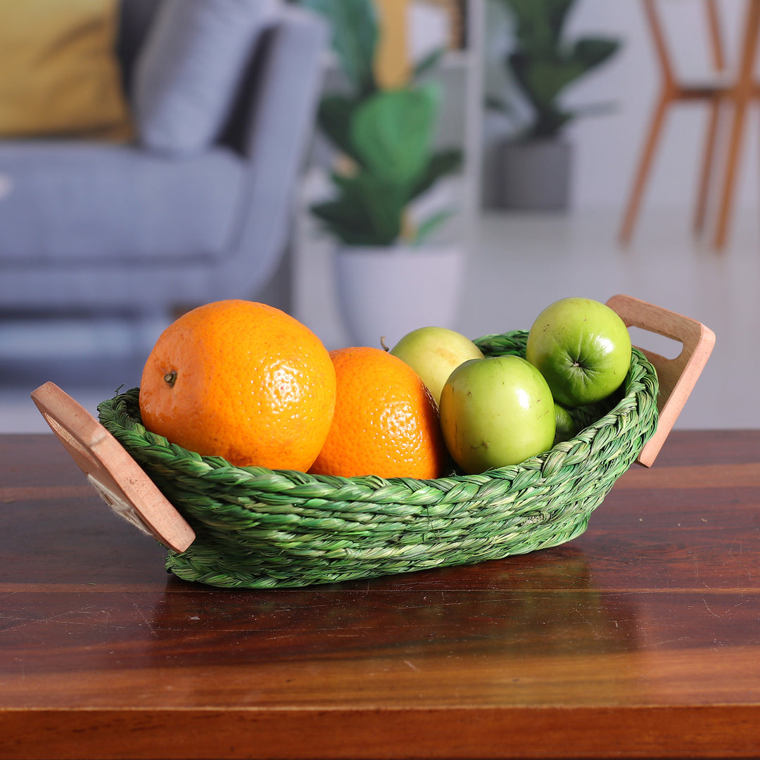 Handwoven Green Sabai Grass Fiber Basket with Wood Handles - Harmonious Essentials