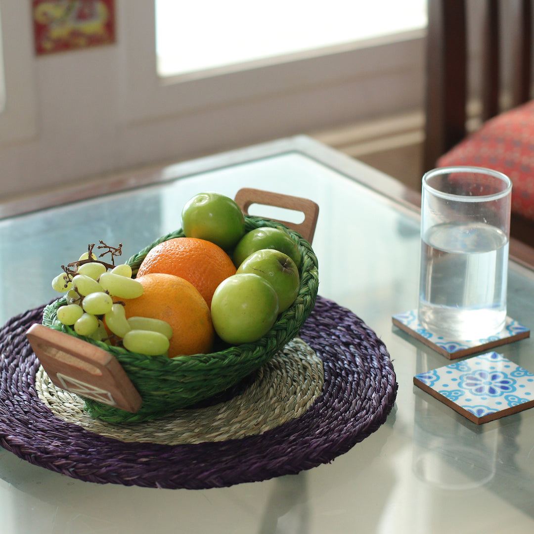 Handwoven Green Sabai Grass Fiber Basket with Wood Handles - Harmonious Essentials
