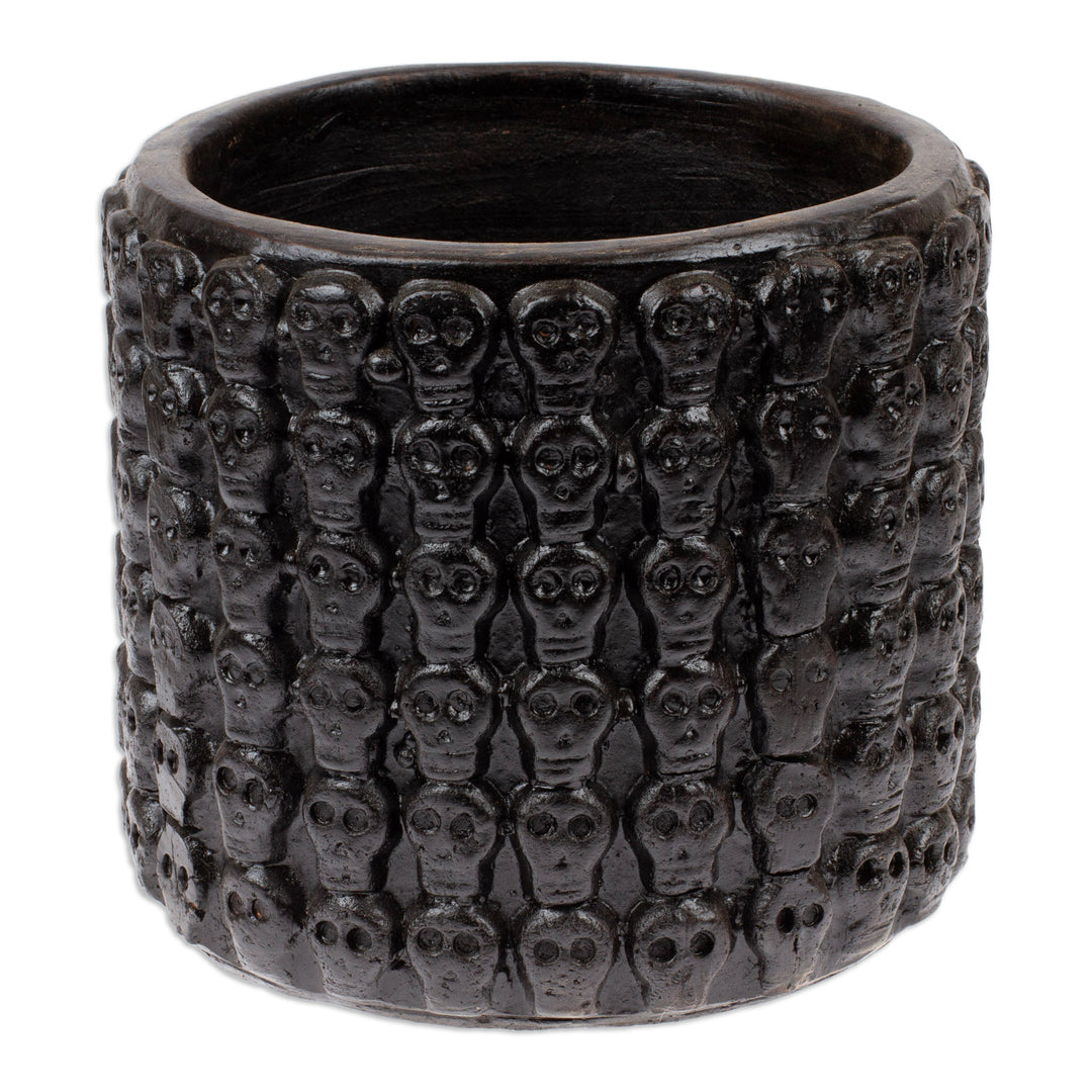 Handcrafted Skull-Patterned Round Black Ceramic Flower Pot - Portal to the Dark Afterlife