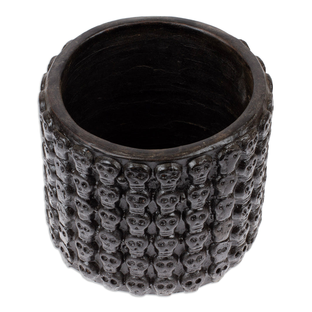 Handcrafted Skull-Patterned Round Black Ceramic Flower Pot - Portal to the Dark Afterlife