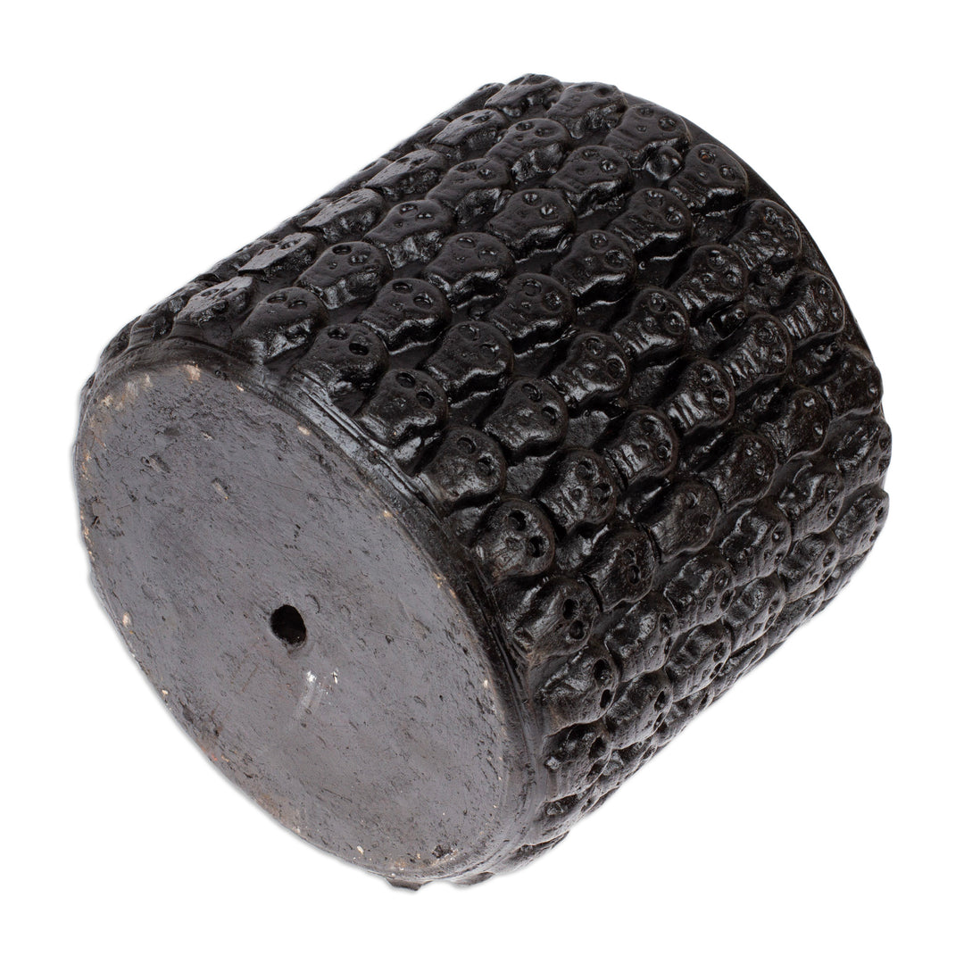 Handcrafted Skull-Patterned Round Black Ceramic Flower Pot - Portal to the Dark Afterlife