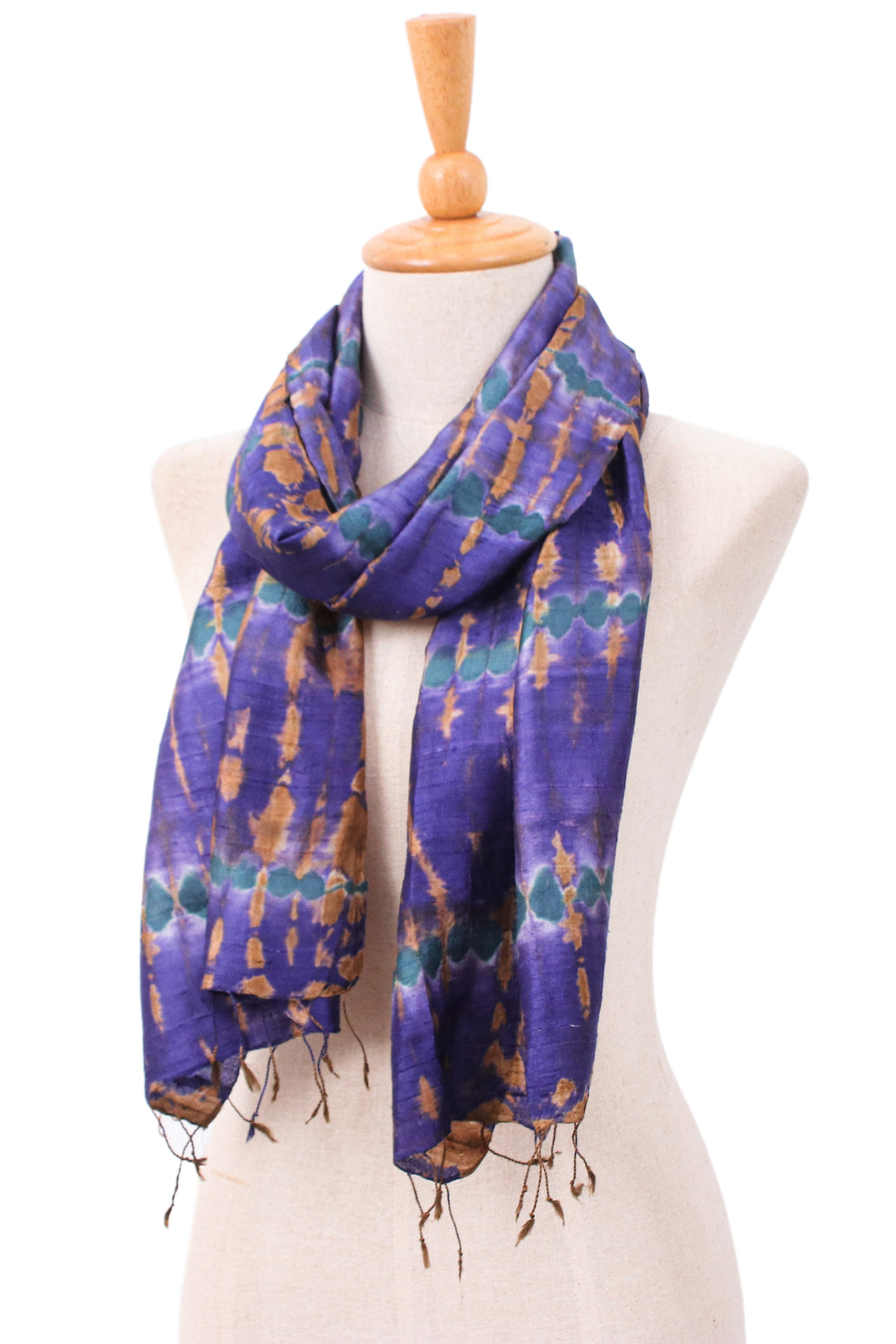 Hand-Spun Woven and Dyed Fringed Silk Batik Scarf in Purple - Purple Delight