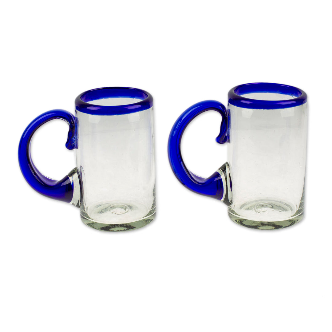 Pair of Handblown Beer Glasses with Cobalt Handle and Rim - Cobalt Classic