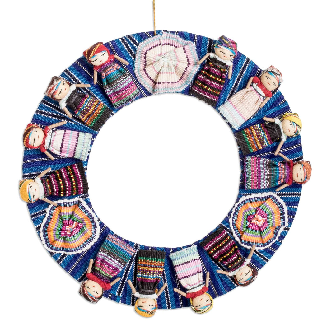 Handcrafted Traditional Worry Doll-Themed Blue Cotton Wreath - Guatemala's Union