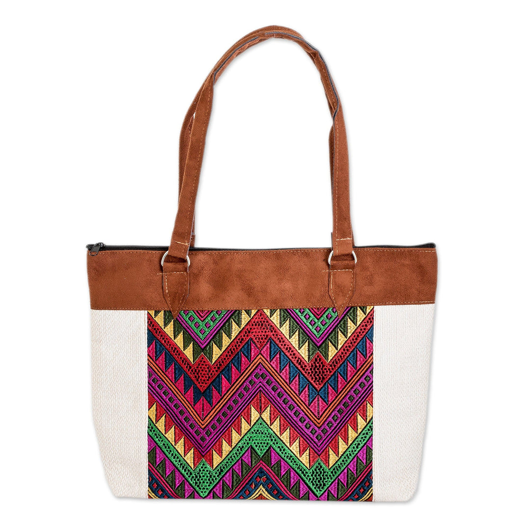 Colorful Chevron-Patterned Cotton Shoulder Bag with Zipper - Guatemala's Arrows