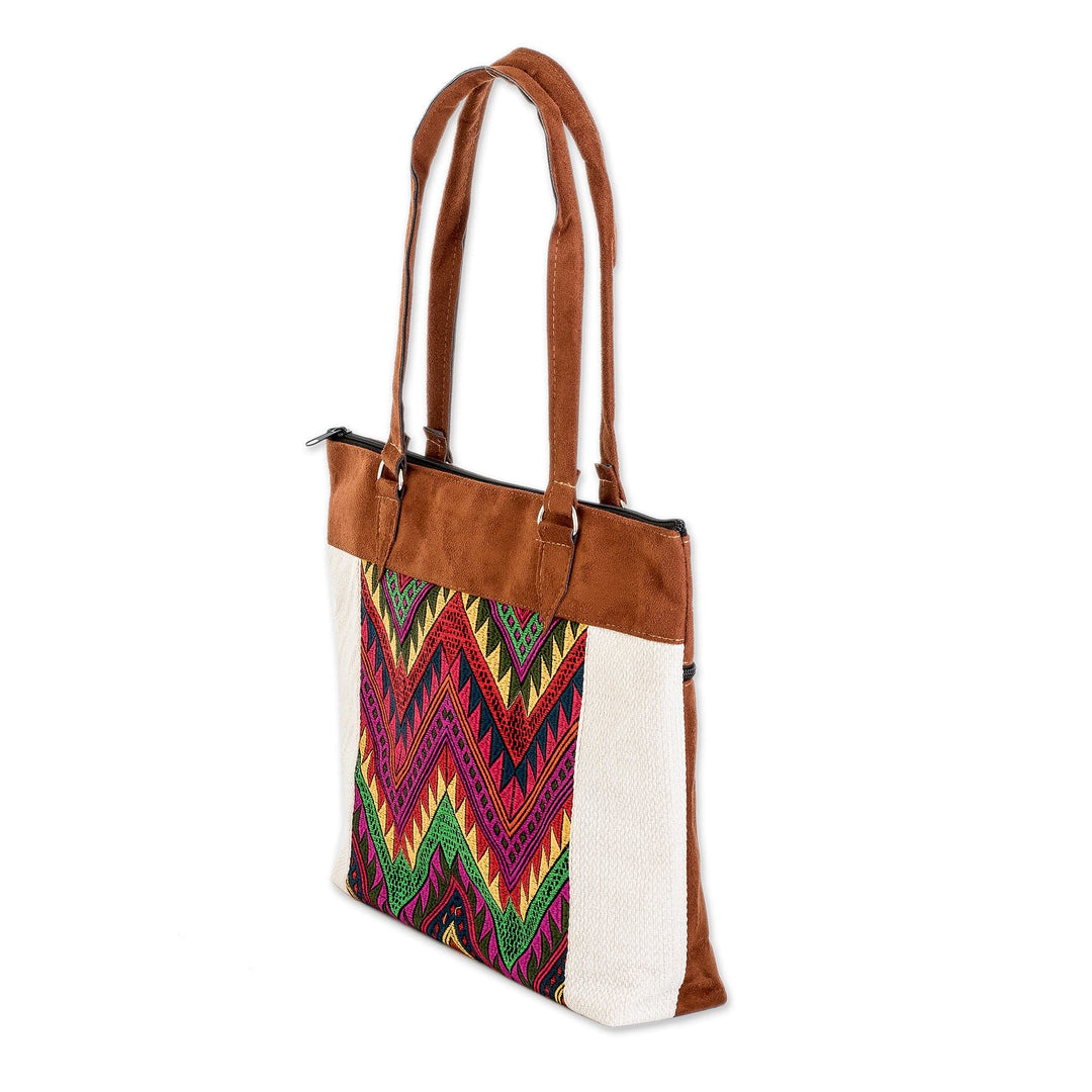 Colorful Chevron-Patterned Cotton Shoulder Bag with Zipper - Guatemala's Arrows