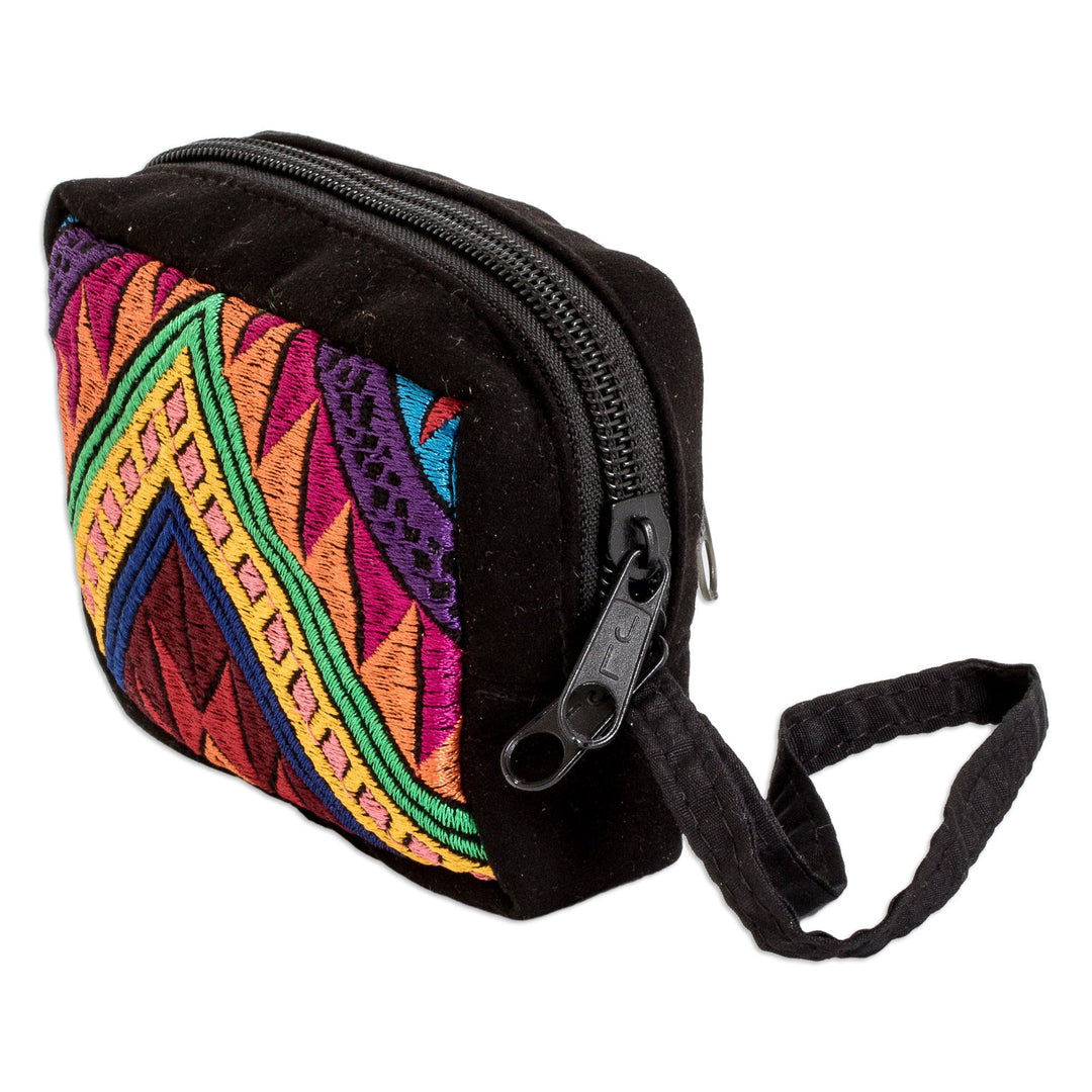 Geometric-Patterned Zippered Black Cotton Coin Purse - Practical Darkness