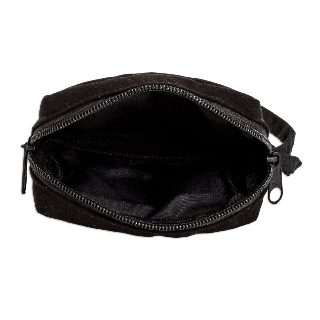 Geometric-Patterned Zippered Black Cotton Coin Purse - Practical Darkness