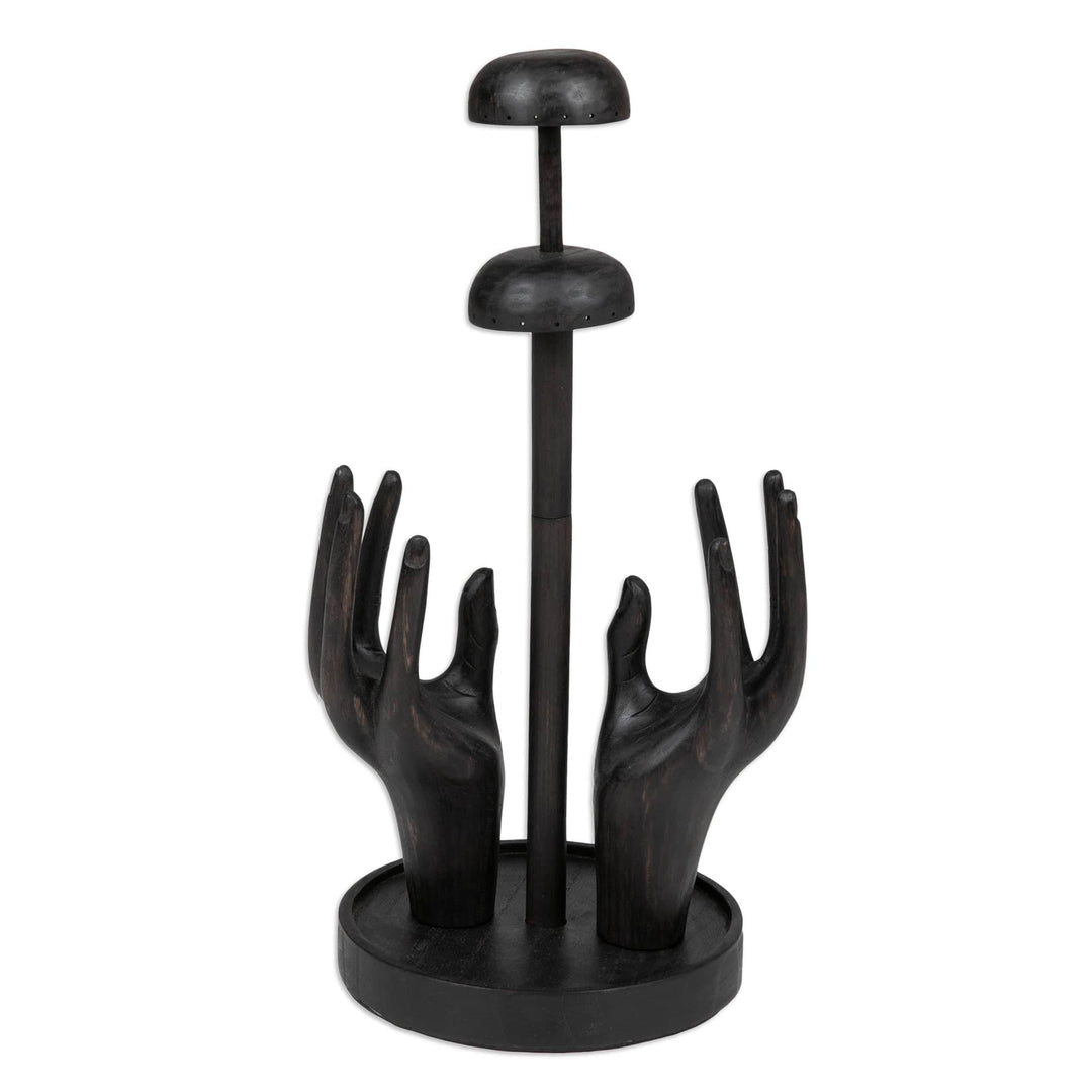 Hand-Carved Black Jempinis Wood Jewelry Stand - Nocturnal Majesty