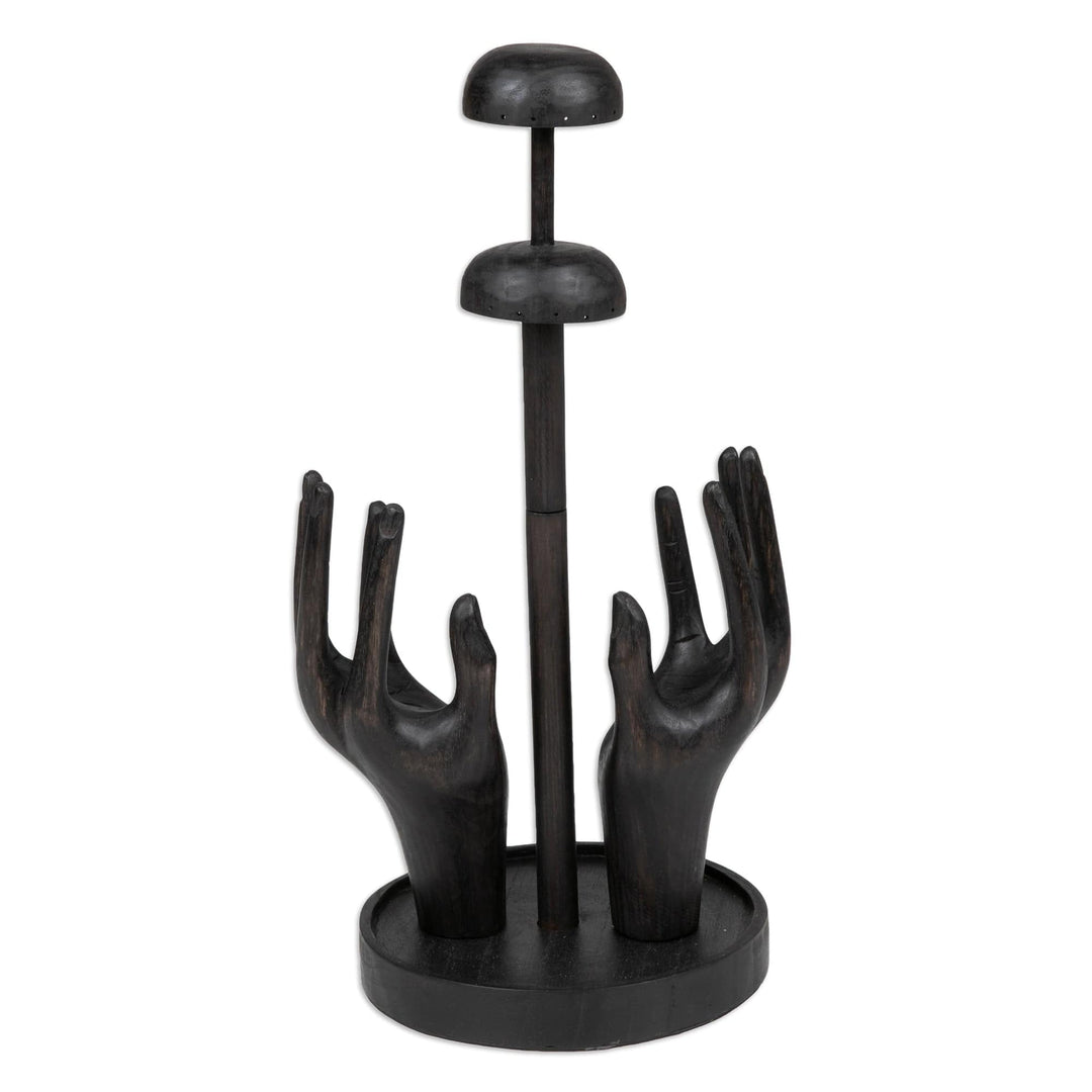 Hand-Carved Black Jempinis Wood Jewelry Stand - Nocturnal Majesty