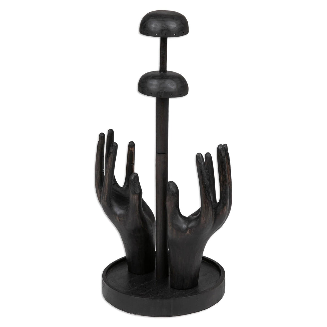 Hand-Carved Black Jempinis Wood Jewelry Stand - Nocturnal Majesty