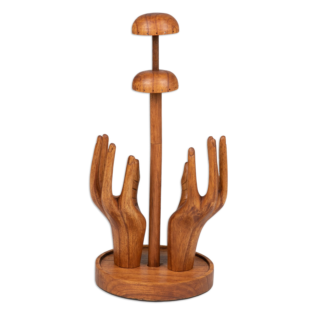 Hand-Carved Natural Brown Jempinis Wood Jewelry Stand - Morning Majesty