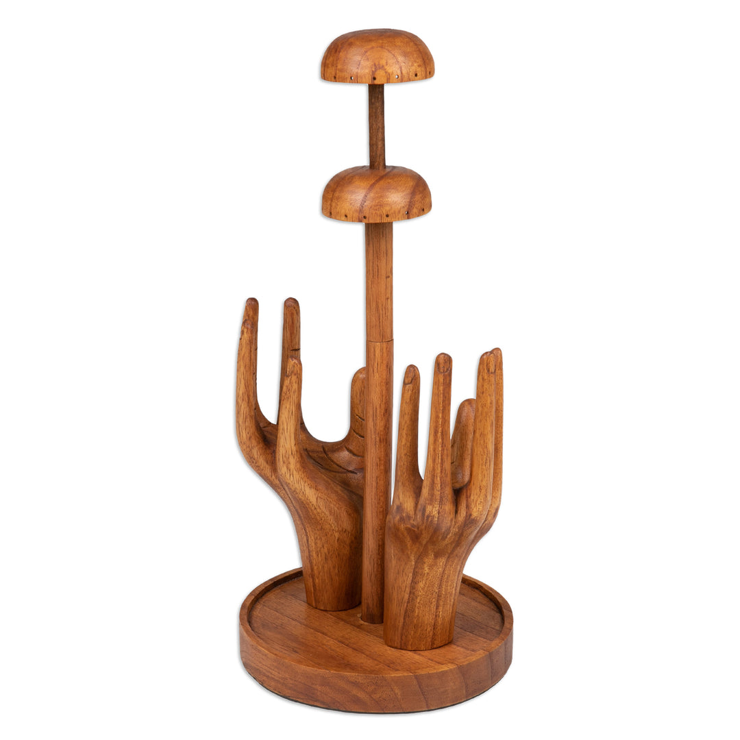Hand-Carved Natural Brown Jempinis Wood Jewelry Stand - Morning Majesty