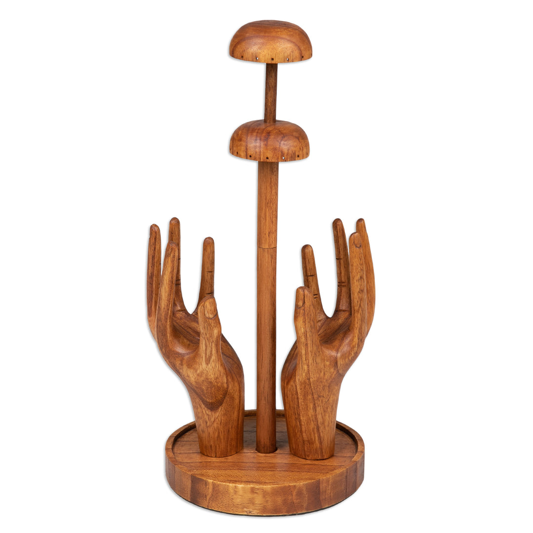 Hand-Carved Natural Brown Jempinis Wood Jewelry Stand - Morning Majesty