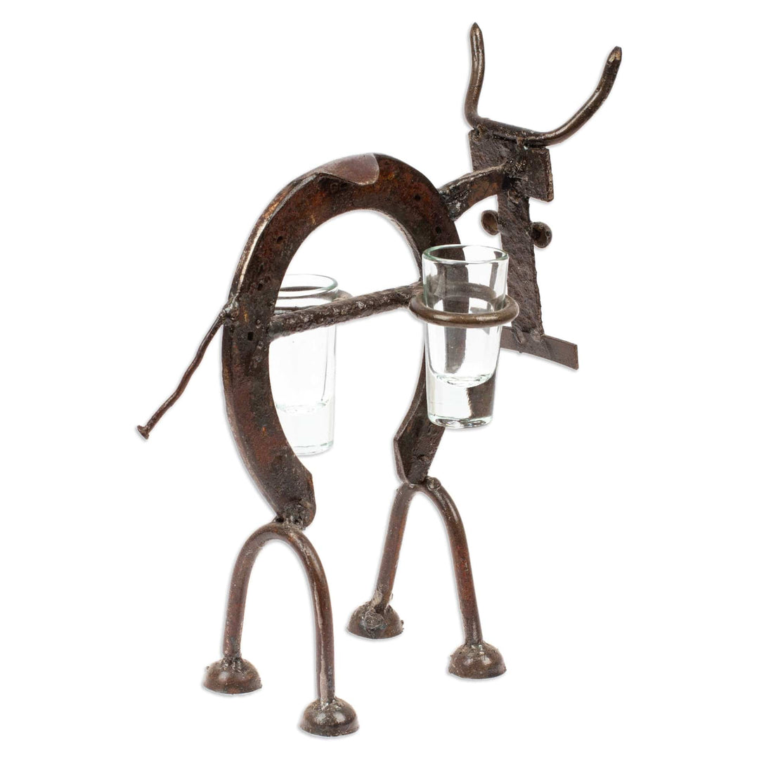 Recycled Iron Cow Tequila Bottle and Glass Stand 3-Piece Set - Salud