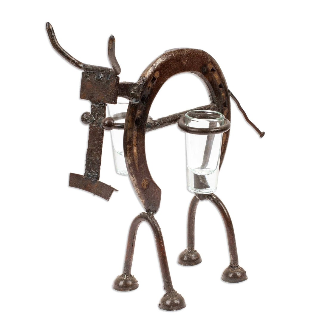Recycled Iron Cow Tequila Bottle and Glass Stand 3-Piece Set - Salud