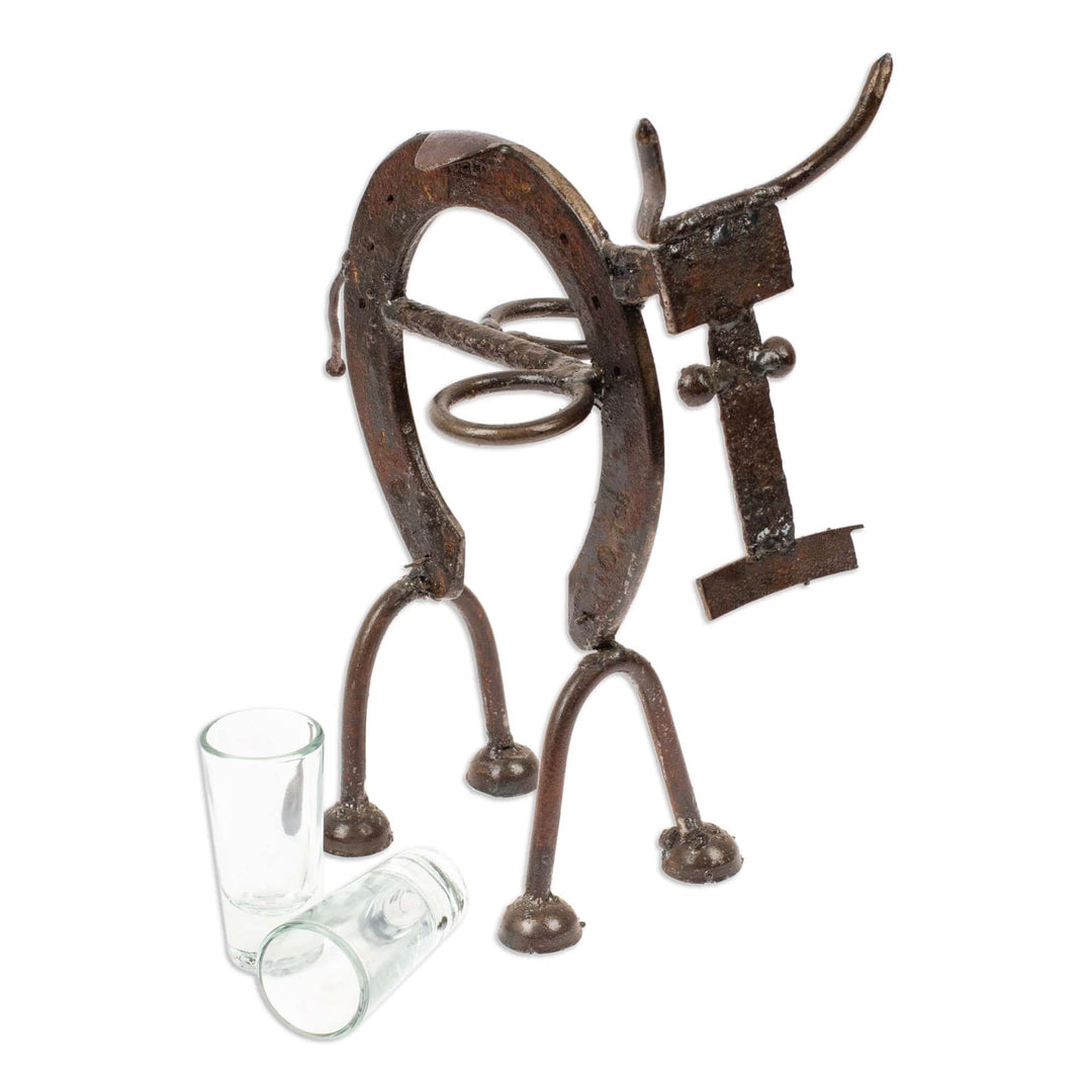 Recycled Iron Cow Tequila Bottle and Glass Stand 3-Piece Set - Salud