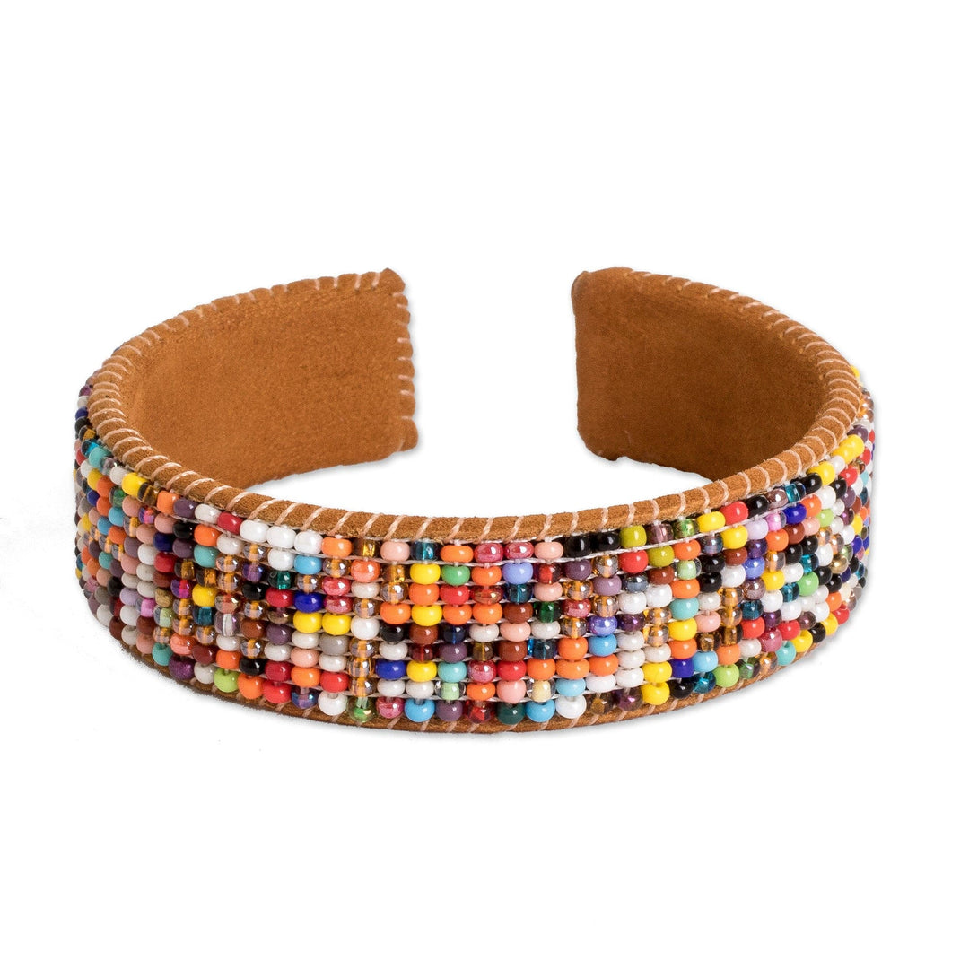 Rainbow-Toned Glass Beaded Cuff Bracelet with Leather Accent - Rainbow Harmony