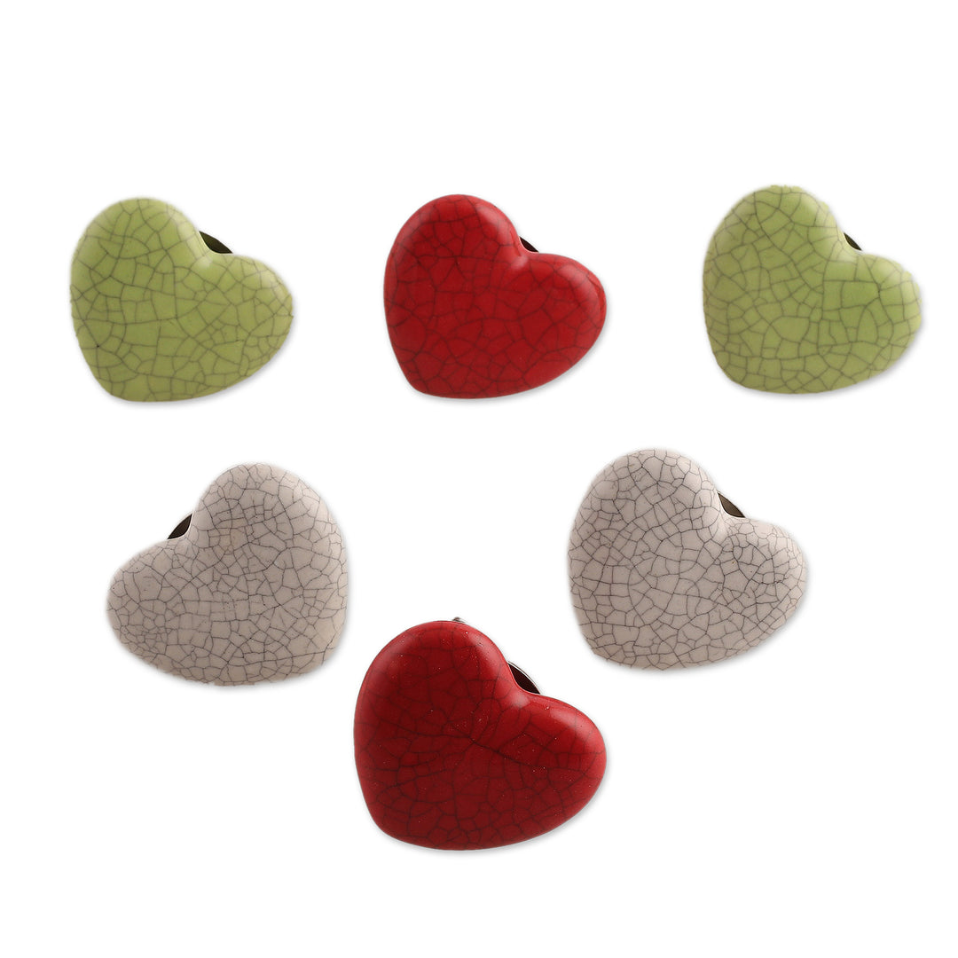 Set of 6 Handcrafted Heart-Shaped Ceramic Cabinet Knobs - Merry Hearts