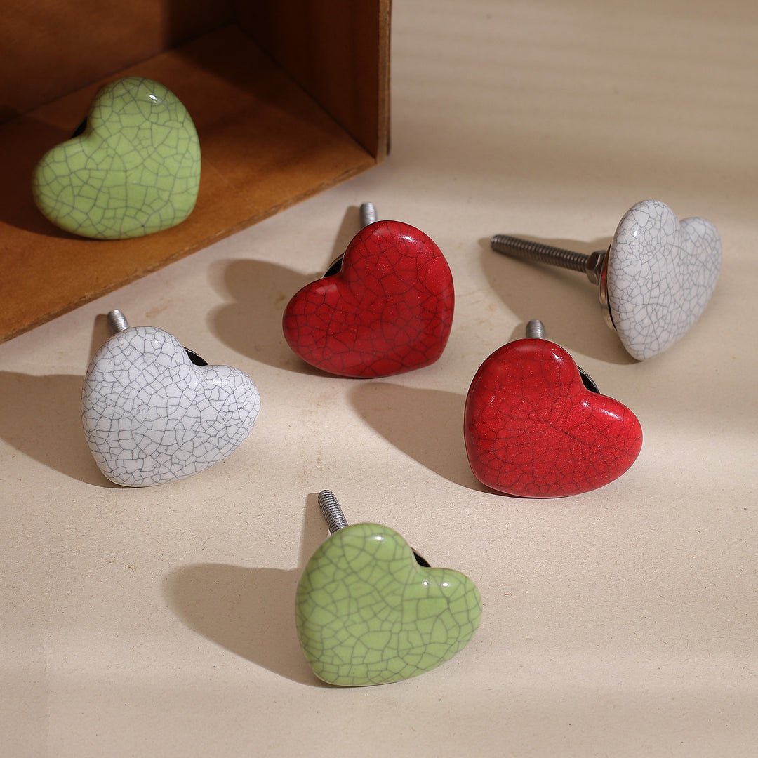 Set of 6 Handcrafted Heart-Shaped Ceramic Cabinet Knobs - Merry Hearts