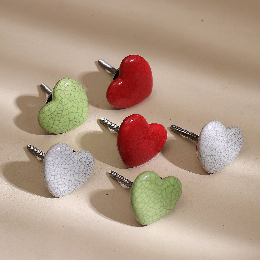 Set of 6 Handcrafted Heart-Shaped Ceramic Cabinet Knobs - Merry Hearts
