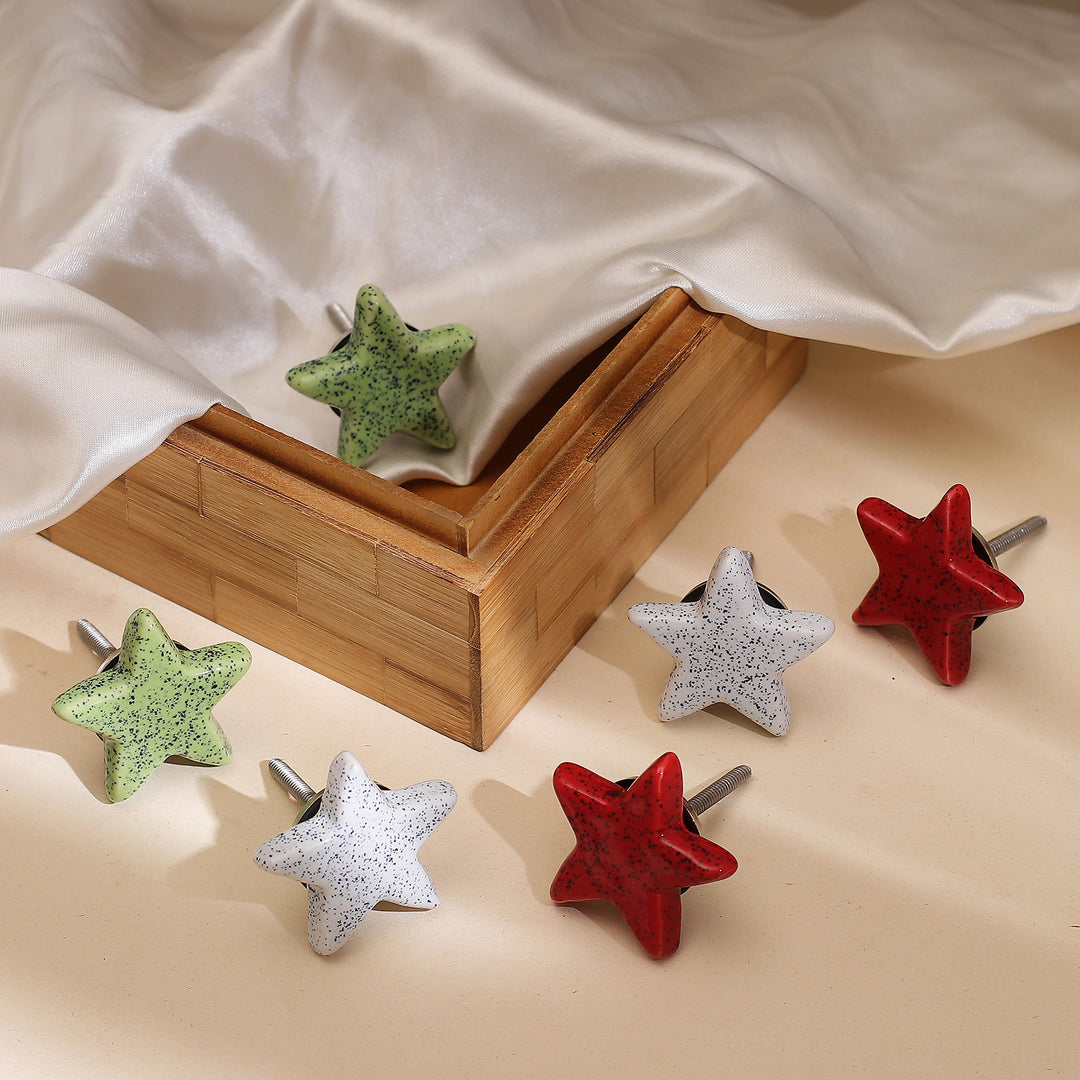Set of 6 Handcrafted Star-Shaped Ceramic Cabinet Knobs - Merry Stars