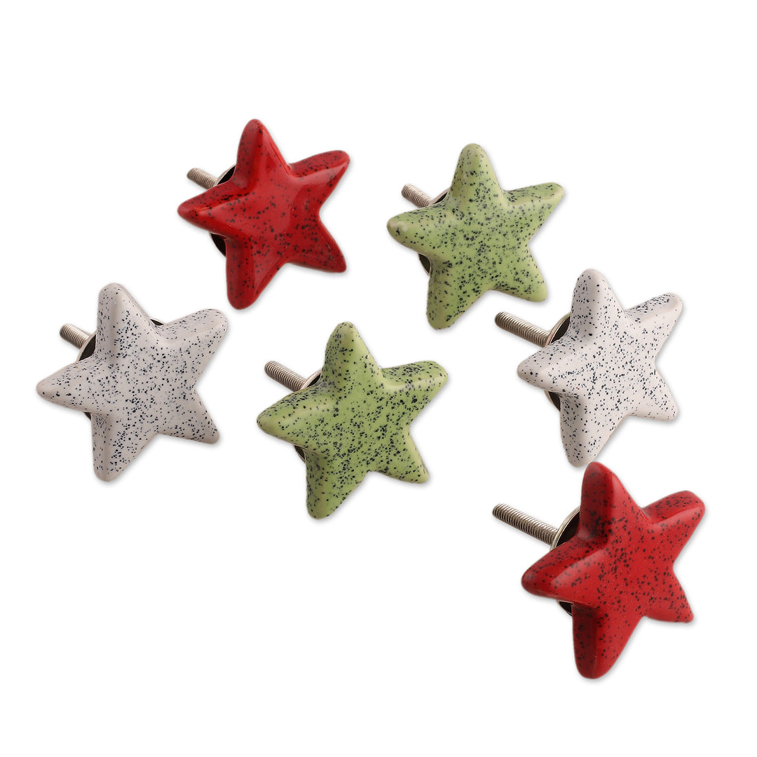 Set of 6 Handcrafted Star-Shaped Ceramic Cabinet Knobs - Merry Stars
