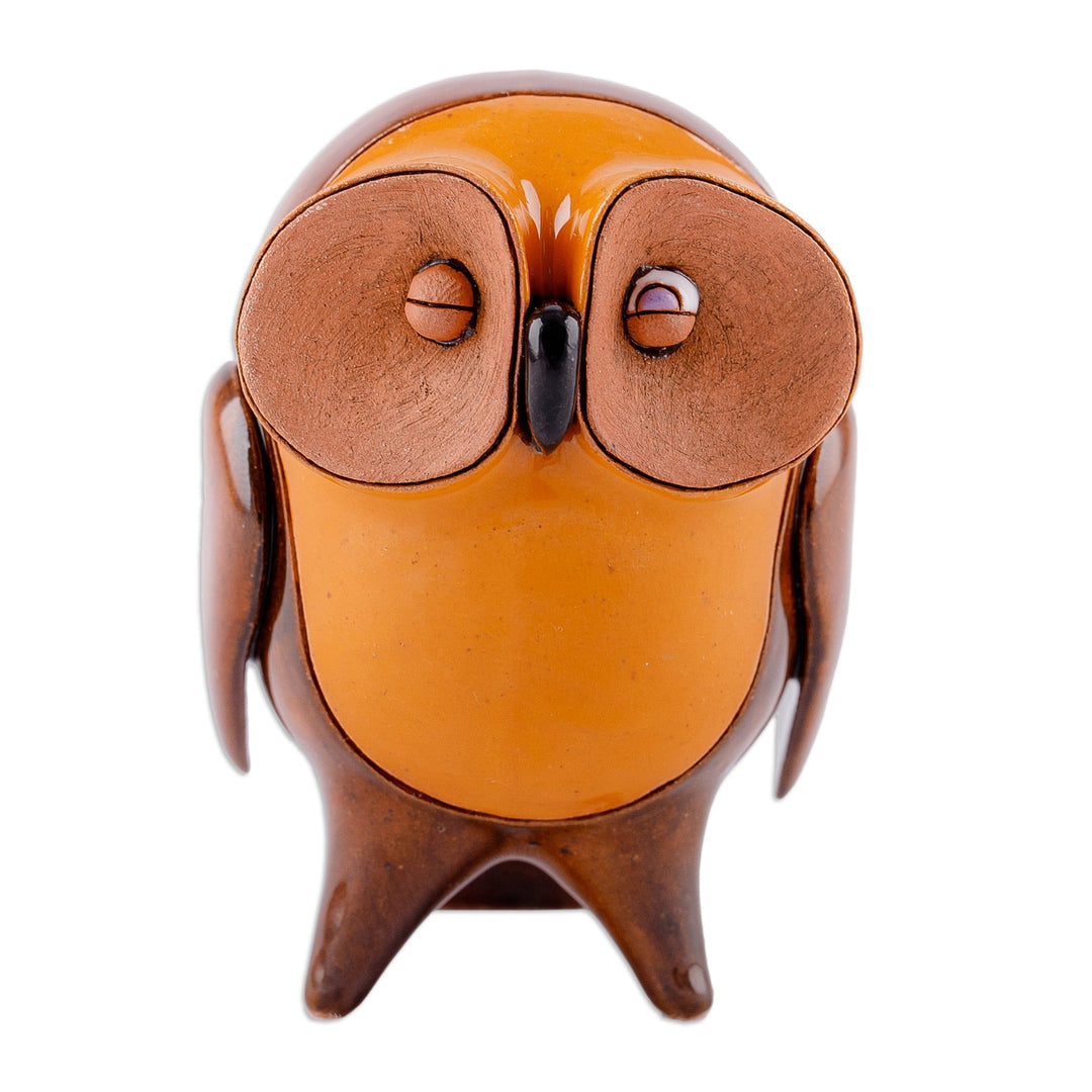 Glazed Owl-Shaped Orange and Brown Ceramic Figurine - Wise Eyes