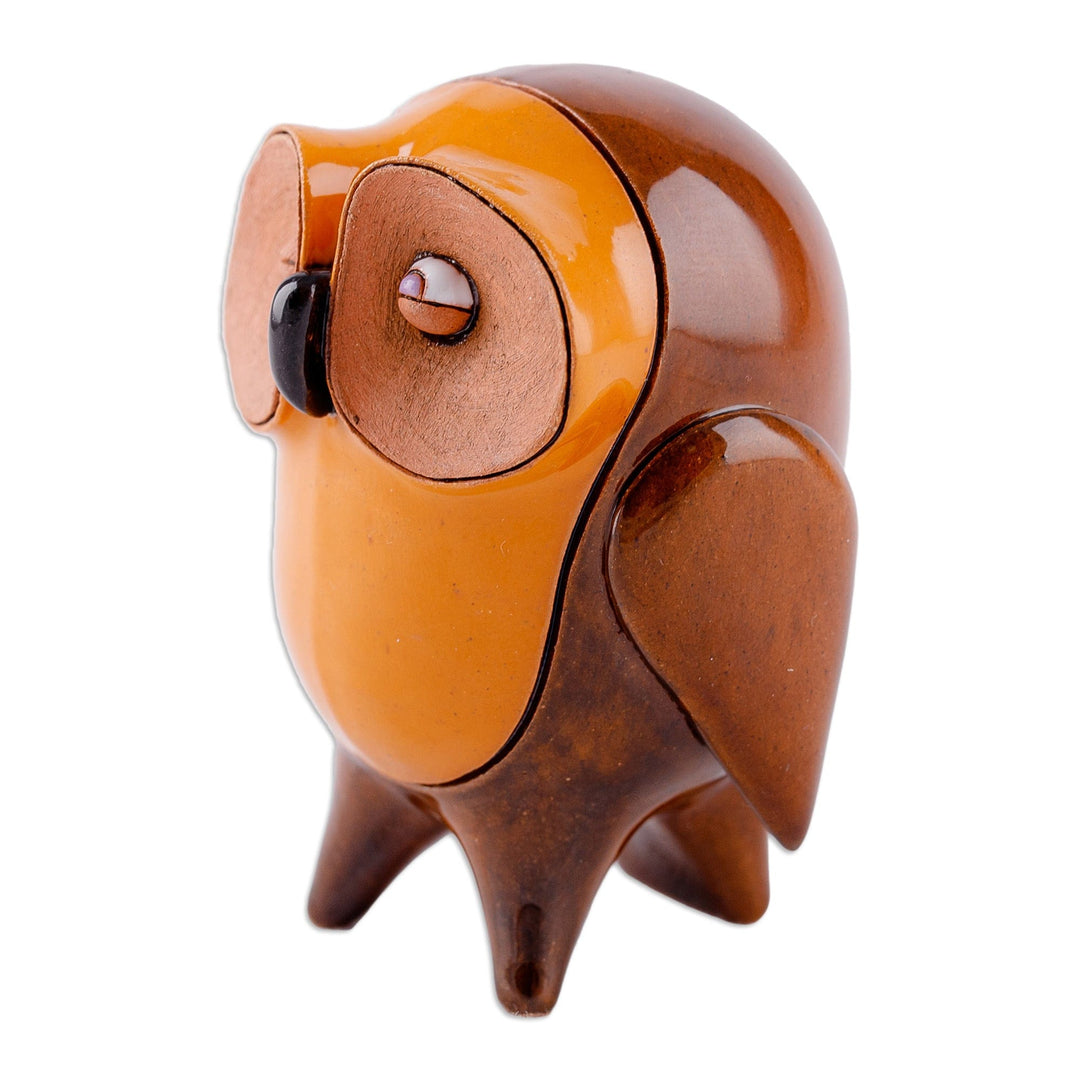 Glazed Owl-Shaped Orange and Brown Ceramic Figurine - Wise Eyes