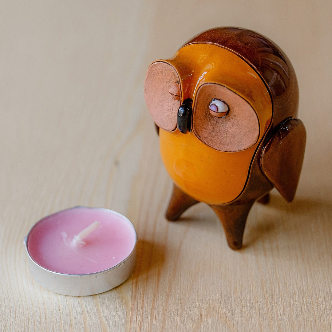 Glazed Owl-Shaped Orange and Brown Ceramic Figurine - Wise Eyes