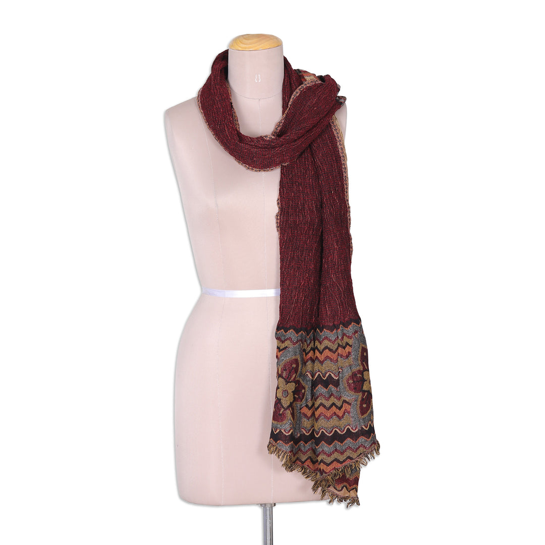 Floral Embroidered Colorful Burgundy 100% Wool Scarf - Sacred Blooming